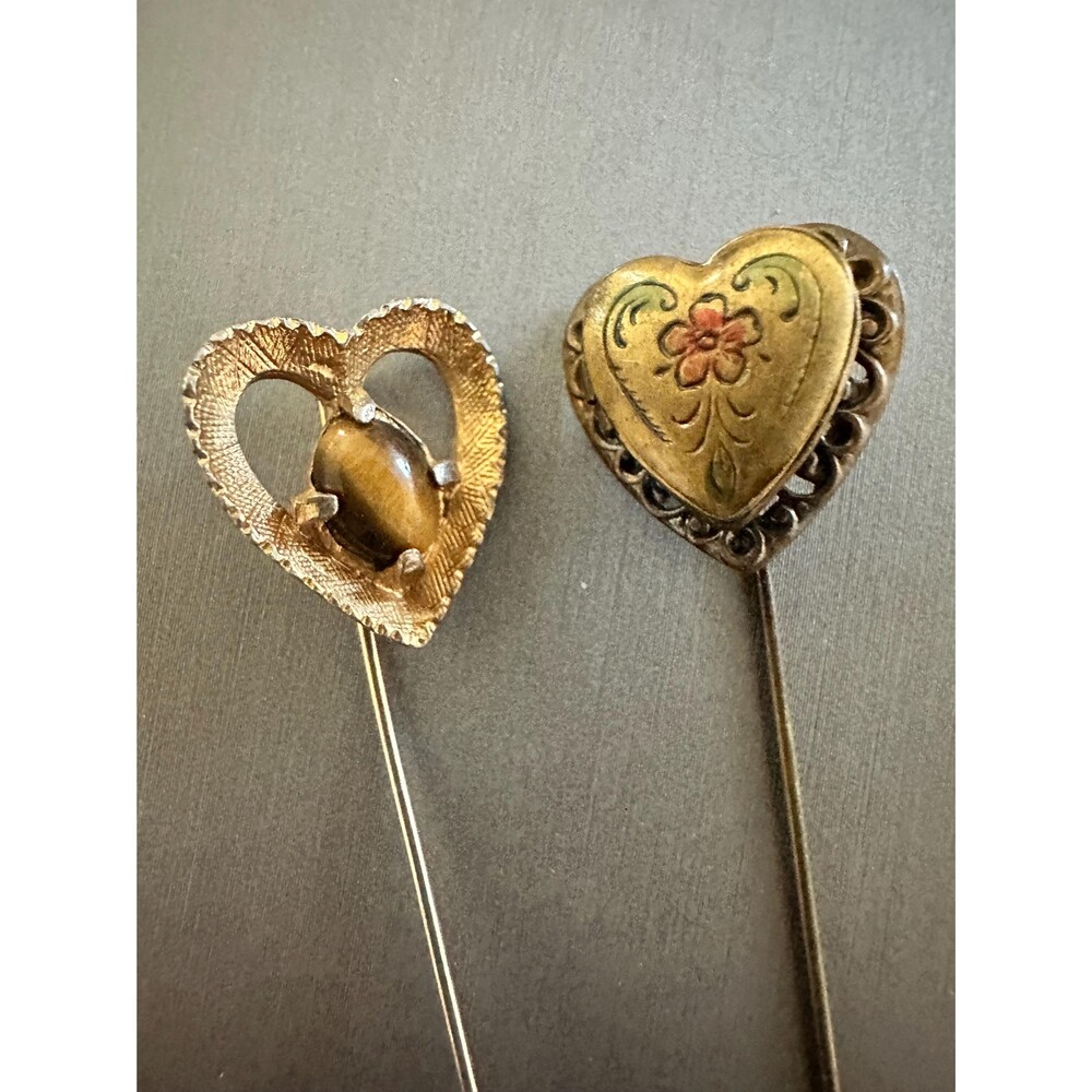 Vintage Heart Stick Pins One Locket/One with Tigers Eye